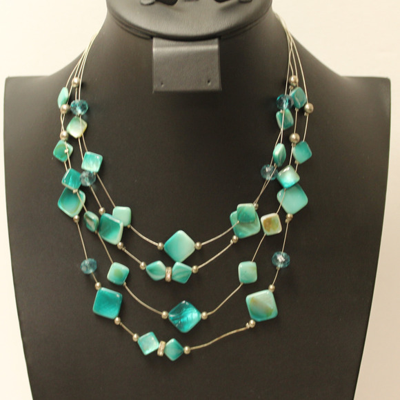 Strand Jewelry - Multiple Strand Silver Tone Necklace Wire 4 Strand Mermaidcore Seafoam Glass